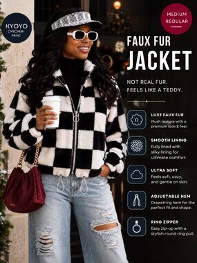 KYOKO Faux fur, checkerboard, Plush, Cropped, zip-front, Statement Jacket